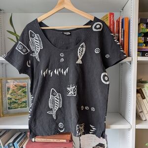 Vintage Exist Black and White Graphic Short Sleeve Tee Fish Print Sz L Cropped